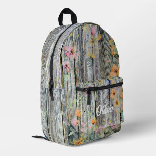 Elegant botanical wildflowers rustic wood grain Printed Backpack