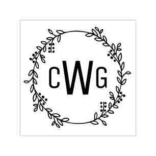 Elegant Botanical Wreath 3 Initial Monogram #1 Self-inking Stamp