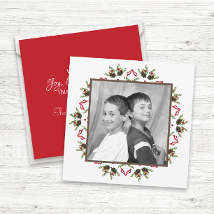 Elegant Botanical Wreath Modern Red Green Photo Holiday Card