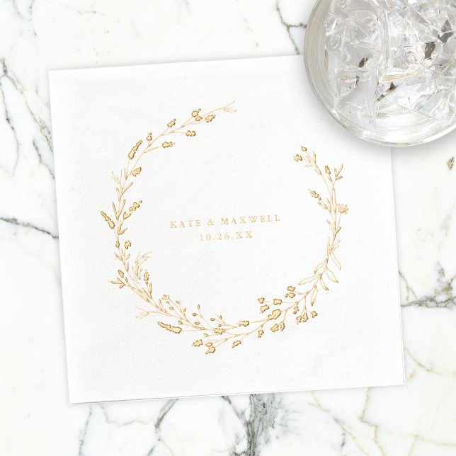 Elegant Botanical Wreath Names Wedding Date Foil Napkins (Creator Uploaded)