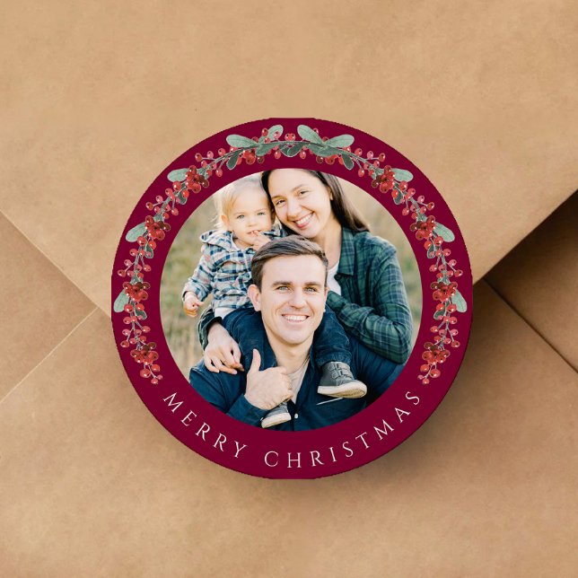 Elegant Botanical Wreath Photo Christmas Classic Round Sticker (Elegant Botanical Wreath Photo Christmas Classic Round Sticker)