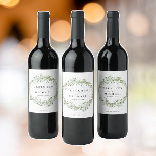Elegant Botanical Wreath Wedding Favour Wine Label