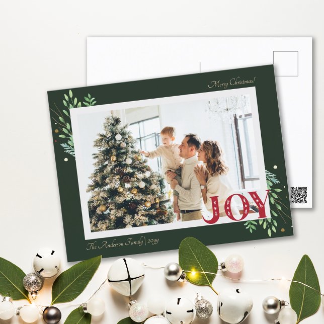 Elegant Botanical Xmas Family Photo Joy Postcard (Elegant Botanical Xmas Family Photo Joy Postcard)