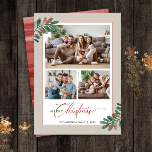 Elegant Botanicals Christmas Typography 3 Pictures Holiday Card