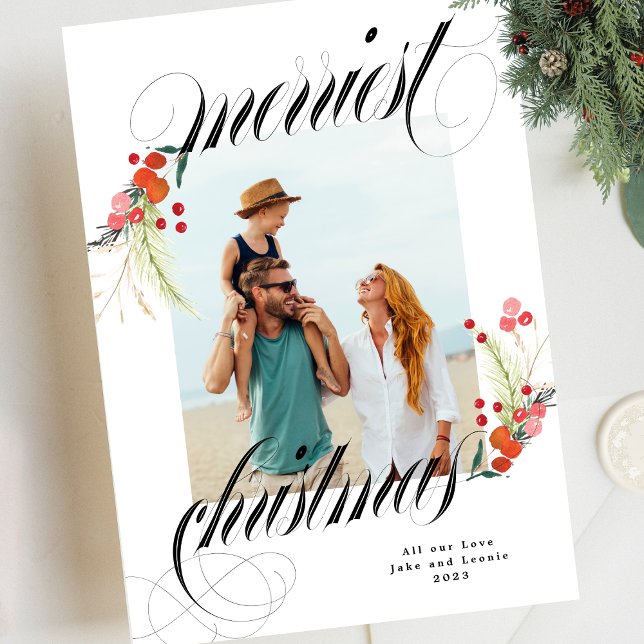 Elegant Botanicals Merriest Christmas One Photo Holiday Card (Creator Uploaded)
