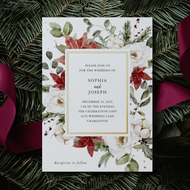 Elegant Bouquet | Christmas Holiday Wedding Gold (A beautiful, elegant Christmas wedding invitation with shimmering gold foil accents)