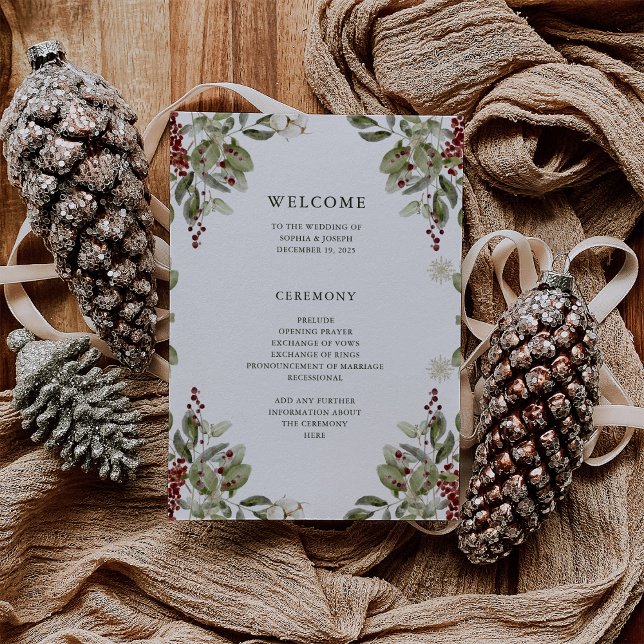 Elegant Bouquet | Christmas Holiday Wedding Programme (A classic and elegant holiday wedding program with watercolor Christmas greenery and berries)