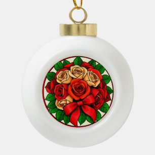 Elegant Bouquet of Red and White Roses Ceramic Ball Christmas Ornament