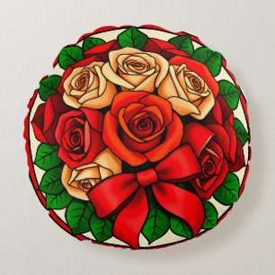 Elegant Bouquet of Red and White Roses Round Cushion