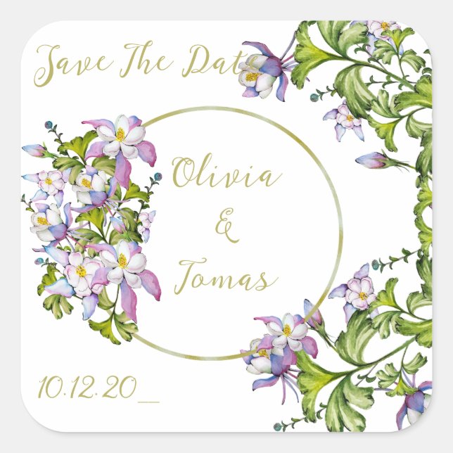 Elegant bouquet of watercolor columbines square sticker (Front)