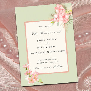 Elegant Bouquet Sage Green & Pink Border Wedding Invitation