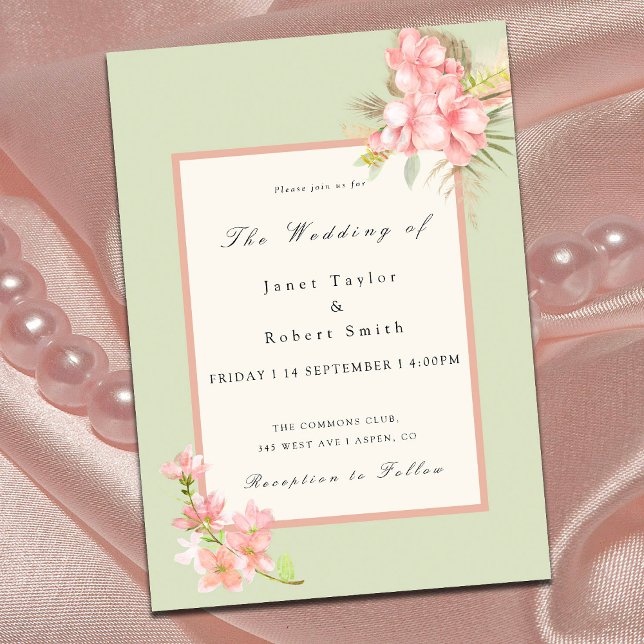 Elegant Bouquet Sage Green & Pink Border Wedding Invitation (Creator Uploaded)