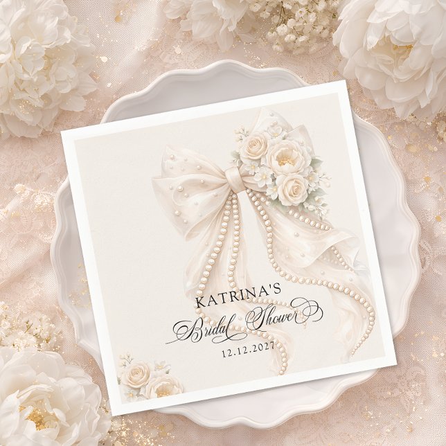 Elegant Bow and Pearl Pastel Bridal Shower Napkin (Creator Uploaded)