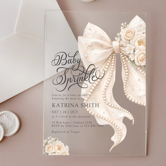 Elegant Bow Baby Sprinkle Floral Girl Baby Shower Acrylic Invitations (Creator Uploaded)