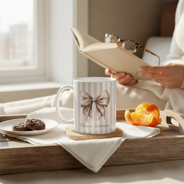 Elegant Bow Beige Stripes Name Mug (Creator Uploaded)