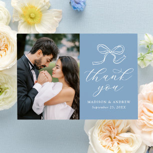 Elegant Bow Blue Photo Wedding Thank You Card