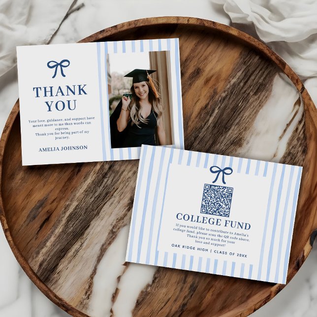 Elegant Bow Blue Striped College Fund QR Code Enclosure Card (Creator Uploaded)