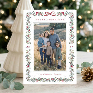Elegant Bow Botanical Frame Christmas Multi Photo Holiday Card
