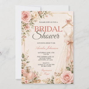 Elegant Bow Bridal Shower Pink Roses Floral Dress  Invitation