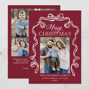 Elegant Bow Burgundy Merry Christmas 5 Photo Holiday Card