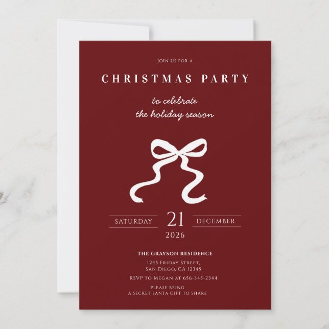 Elegant Bow Christmas Party Invitation (Front)