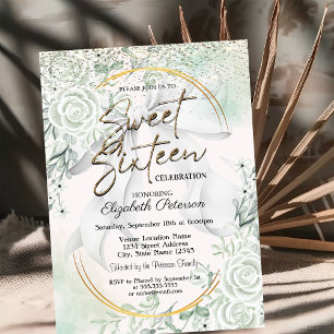 Elegant Bow Confetti Green Roses Sweet 16 Invitation