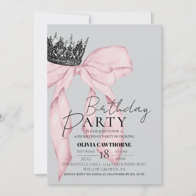 Elegant Bow Crown Birthday Party  Invitation (Front)