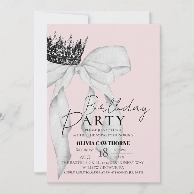 Elegant Bow Crown Birthday Party  Invitation (Front)