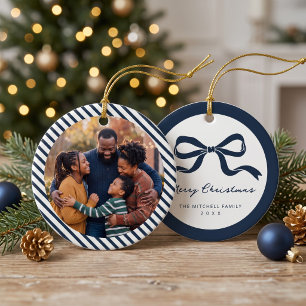 Elegant Bow Family Photo Christmas - Navy Ceramic Tree Decoration