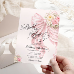 Elegant Bow Floral Blush Pink Bridal Shower  Invitation