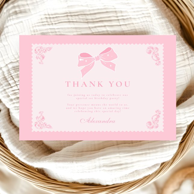 Elegant Bow Floral Fancy ONE Girl 1st Birthday  Thank You Card (Creator Uploaded)