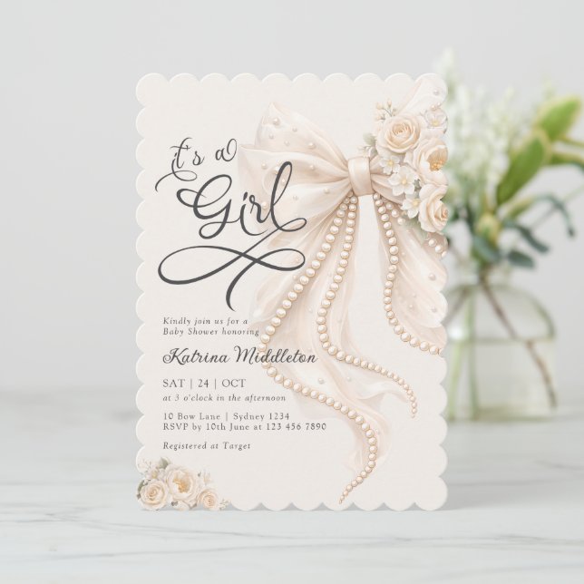 Elegant Bow Floral It's a Girl Baby Shower Invitation (Standing Front)