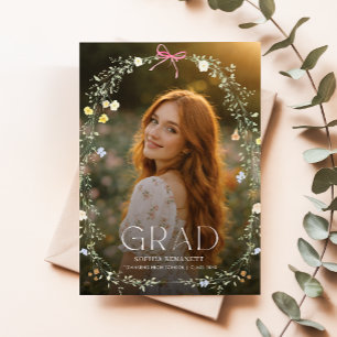 Elegant Bow Floral Photo Graduation Announcement Postcard
