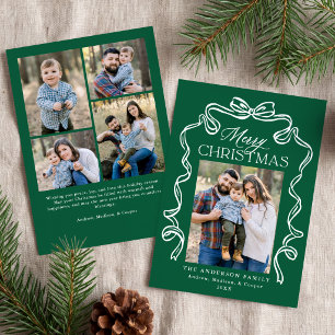 Elegant Bow Green Merry Christmas 5 Photo Holiday Card