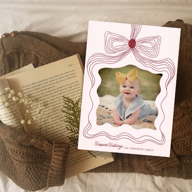 Elegant Bow Holiday Photo Card Soft Pink Christmas (Creator Uploaded)