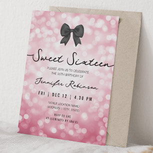 Elegant Bow & Lights Sweet Sixteen Hot Pink Invitation