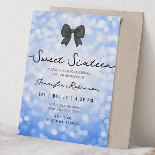 Elegant Bow & Lights Sweet Sixteen Navy Blue  Invitation