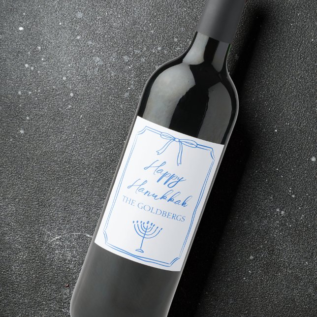 Elegant Bow Menorah Custom Name Happy Hanukkah  Wine Label (Add a festive touch to your Hanukkah table with a custom wine label featuring a menorah. )