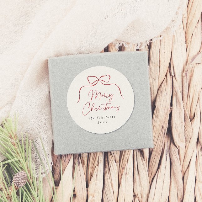 Elegant Bow Merry Christmas Family Name Classic Round Sticker (Creator Uploaded)