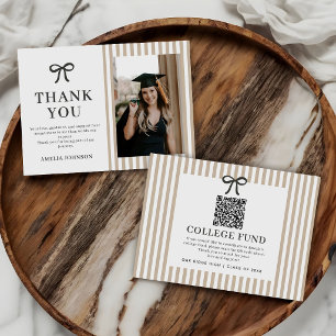 Elegant Bow Neutral Striped College Fund QR Code Enclosure Card