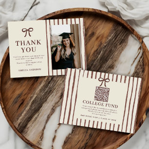 Elegant Bow Neutral Striped College Fund QR Code Enclosure Card
