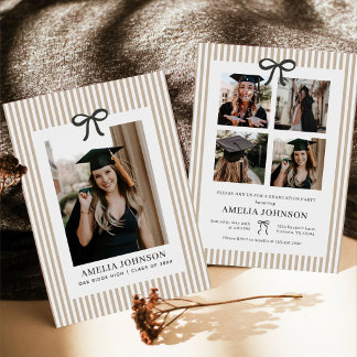 Elegant Bow Neutral Striped Photo Graduation Invitation