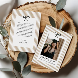 Elegant Bow Neutral Striped Photo Graduation Thank You Card