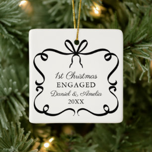 Elegant Bow Photo Keepsake 1st Christmas Engaged Ceramic Ornament