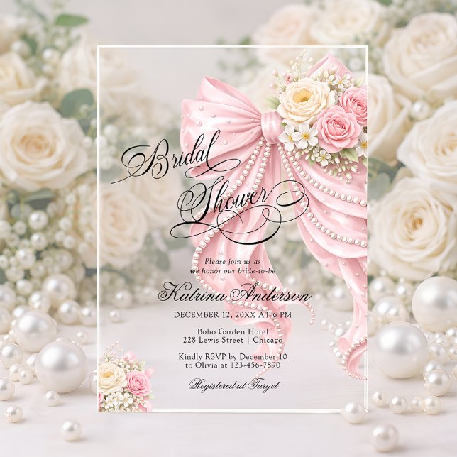 Elegant Bow Pink Floral Bridal Shower  Acrylic Invitations (Creator Uploaded)