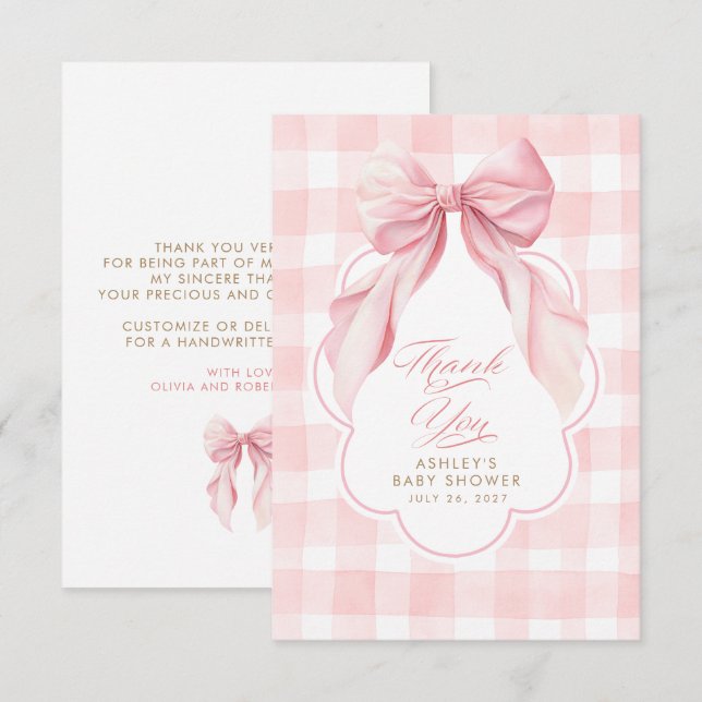 Elegant Bow Pink Gingham Cute Thank You Card (Front/Back)