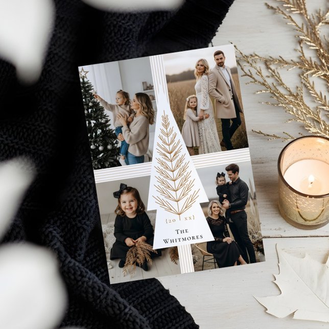 Elegant Bow Present Evergreen Tree Photo Collage  Holiday Card (Elegant Bow Present Evergreen Tree Photo Collage Holiday Card)