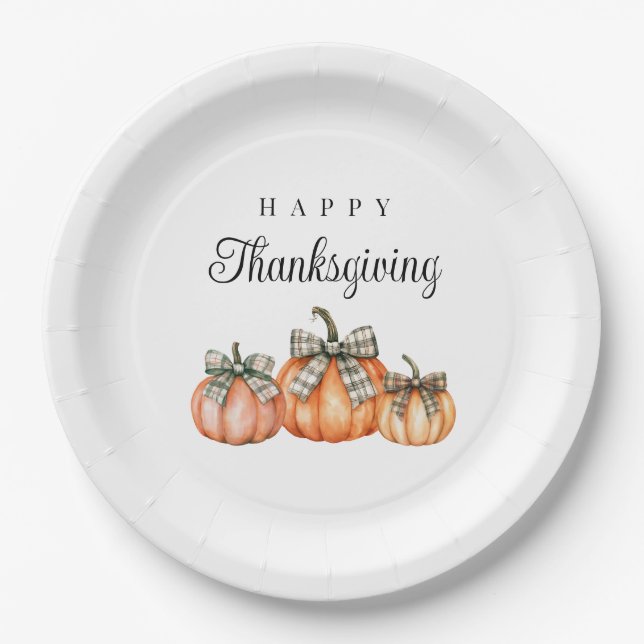 Elegant Bow Pumpkins Happy Thanksgiving Paper Plate (Front)
