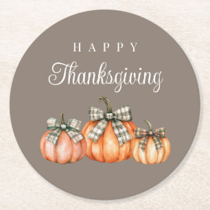 Elegant Bow Pumpkins Happy Thanksgiving Round Paper Coaster