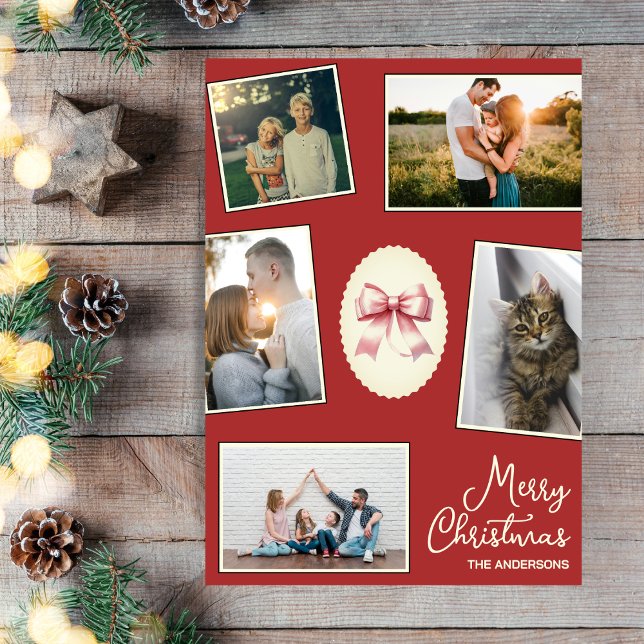 Elegant Bow Red Christmas Photo Collage Card  (Creator Uploaded)